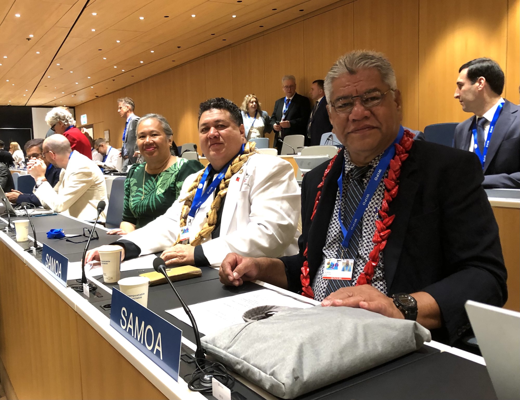 Members of Samoa's delegation seated at the Samoa desk during the 68th WIPO Assemblies in Geneva.